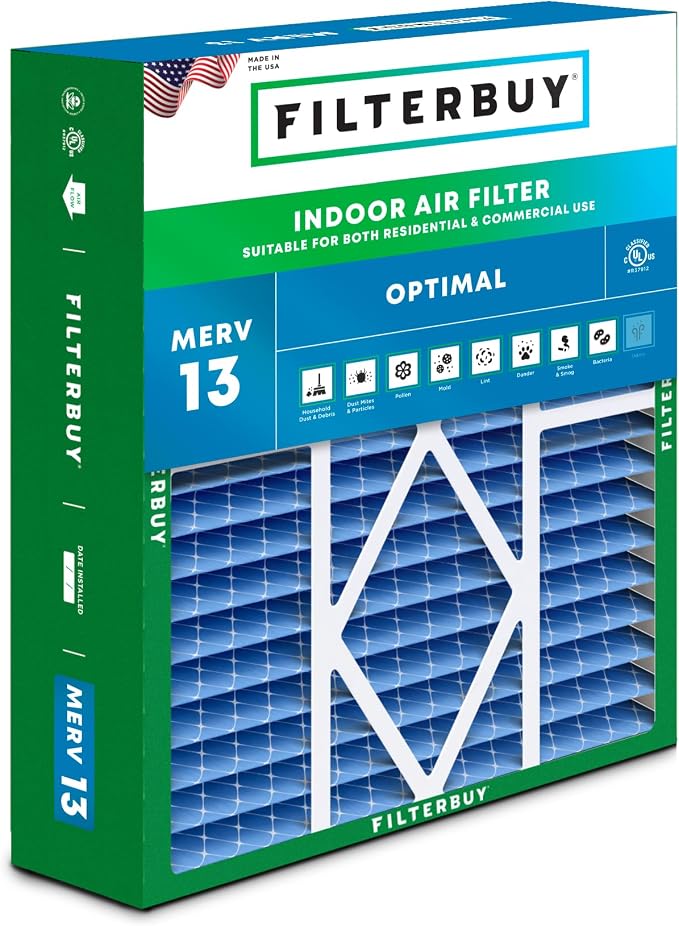 Filterbuy 20x20x5 Air Filter MERV 13 Optimal Smoke & Allergy Defense, Pleated