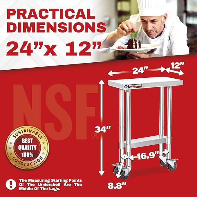 DuraSteel 24x12 NSF Stainless Steel Cart Work Table - Heavy Duty Rolling Food Prep Table - Metal Utility Cart on Wheels Caster, Grill Stand Microwave Outdoor Kitchen Tables Countertop Island Top Vevor