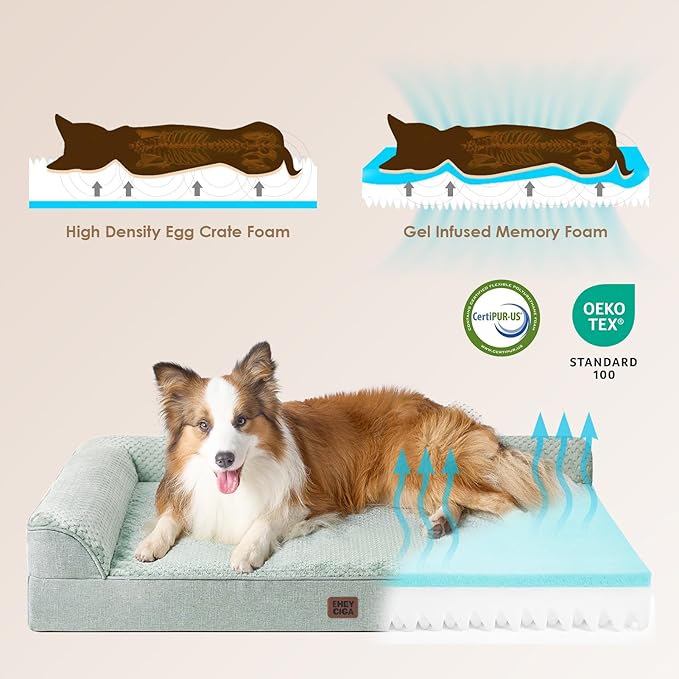 EHEYCIGA Memory Foam Dog Bed Large Size Dogs, Orthopedic Dog Bed Large with Washable Removable Cover, Waterproof Pet Sofa Couch with Nonskid Bottom, 36x27x6, Greyish Green