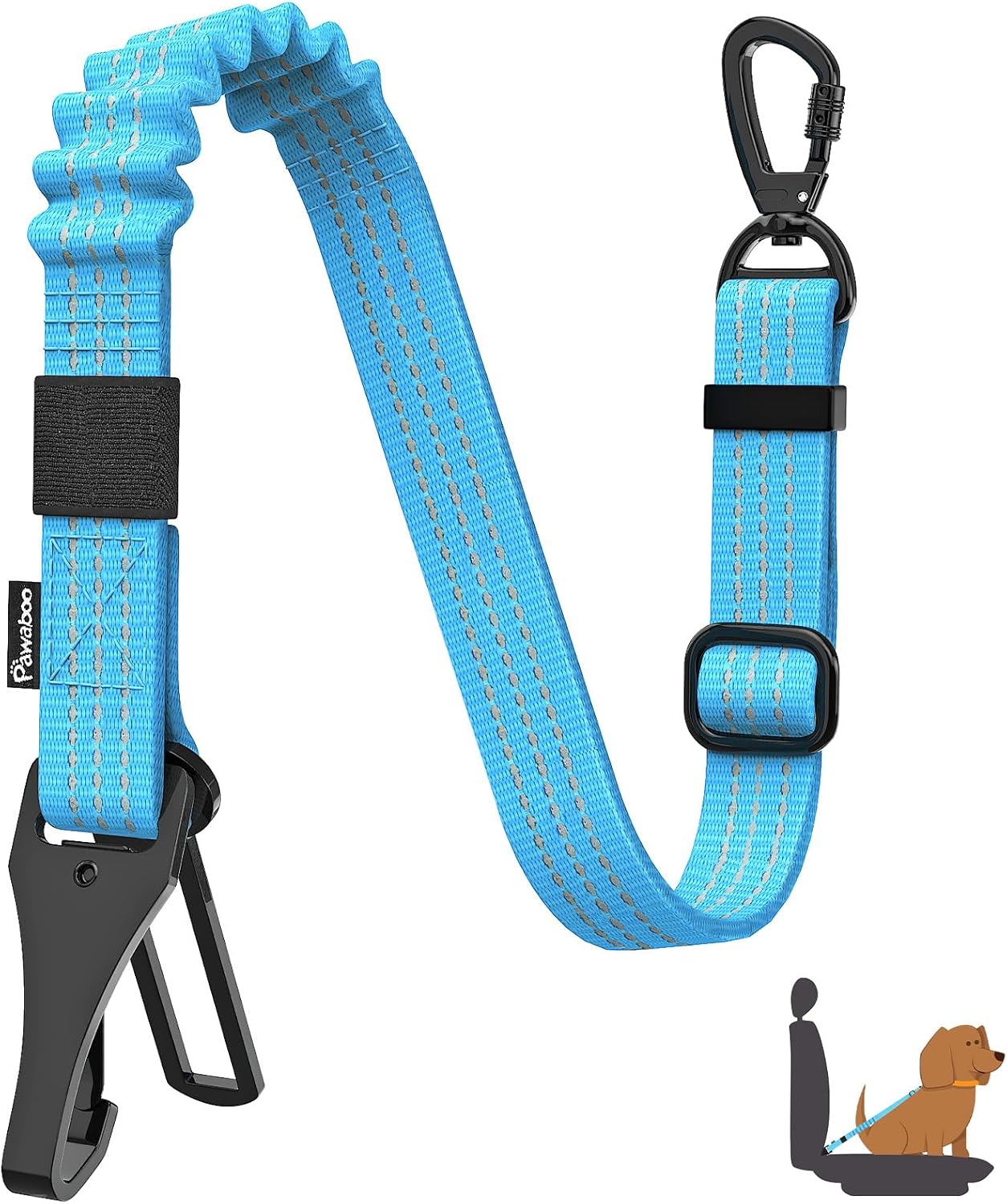 Pawaboo Dog Seatbelt for Car, 3-in-1 Dog Seat Belt Bungee, Shockproof Dogs Tether for Car with Buckle & Hook Latch, Adjustable Reflective Dogs Cars Harness Leash with 360° Lockable Buckle, Blue