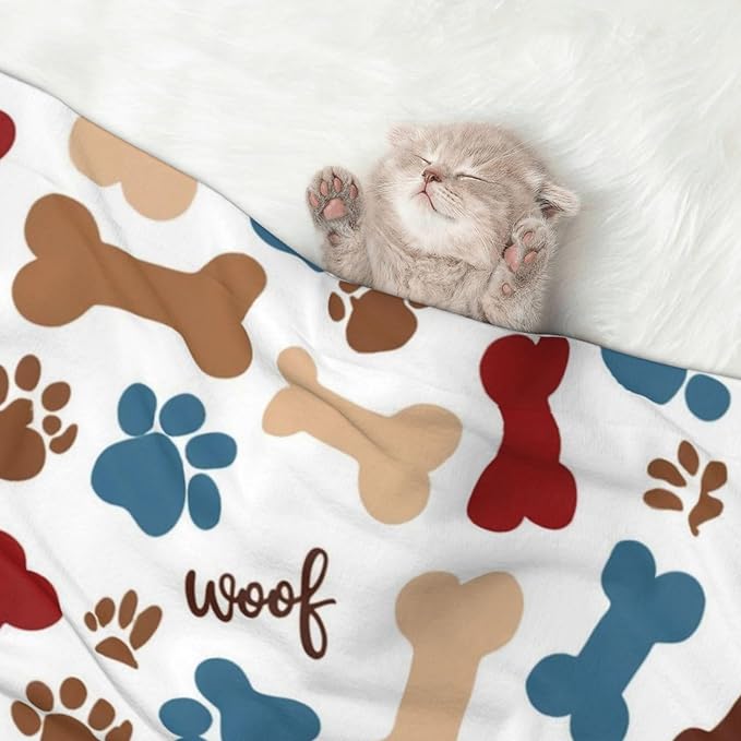 Reversible Dog Blanket for Beds Couches, Dog Bones Paw Prints Cream, Double Sided Cat Blanket with Textured Dot Feel and Smooth Feel for Seasonal Comfort All Year