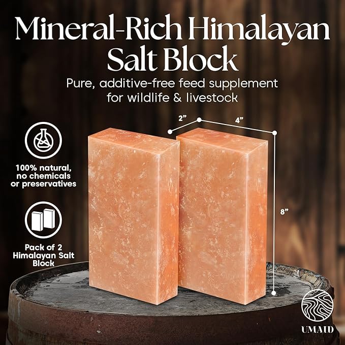 UMAID Himalayan Salt Block – 8x4x2 2-Pack – 100% Natural Mineral Salt Lick for Horses, Cows, Goats & Sheep – Animal Feed Supplement, Long-Lasting Salt Chunks