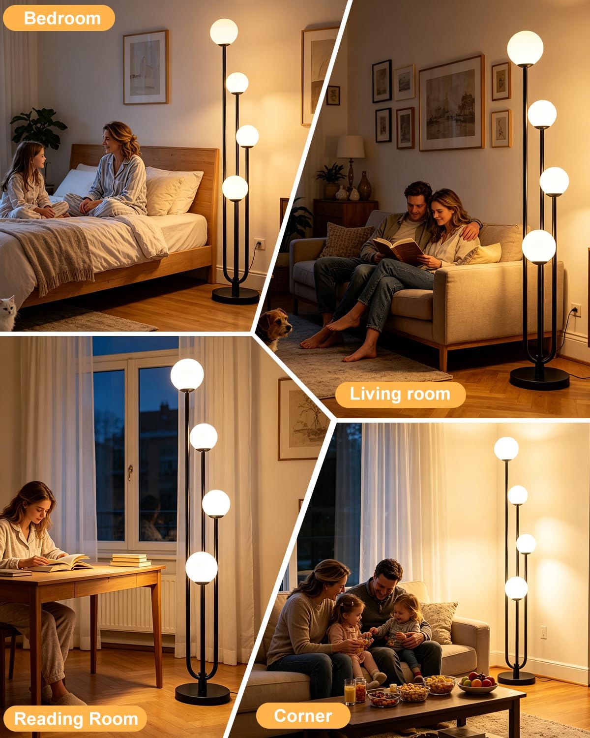 63IN 4-Light Globe Floor Lamp, Unique Black Tall Standing Lamps with 3000K Bulbs for Reading, Mid Century Modern Floor Lamp with 5Lbs Heavy Base for Living Room Bedroom Office