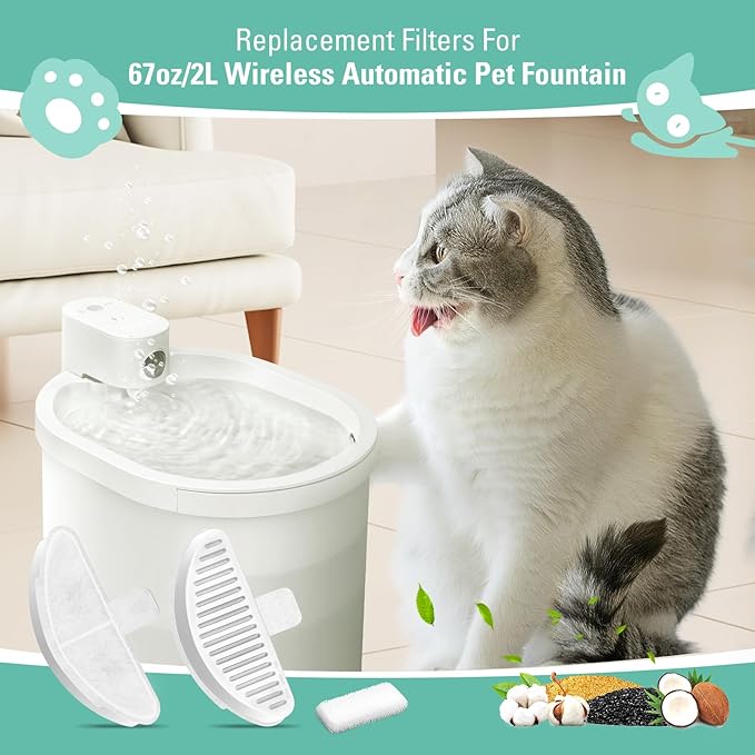 6 Pack Replacement Filters & 12 Pack Filter Sponges for 67oz/2L Wireless Automatic Pet Fountain, BFLICROY Cat Water Fountain Filter, Pet Water Fountain Filters with 6 Layers Filtration System