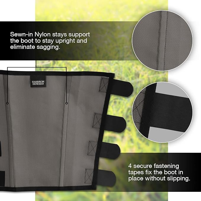 Harrison Howard Loose Fitting Fly Boots UV-Protective Extra Tough Mesh Ventilated Four Fasteners Stay-on Design Protect Horse Legs & Stomp-Reducing Set of 4 Dark Grey Medium
