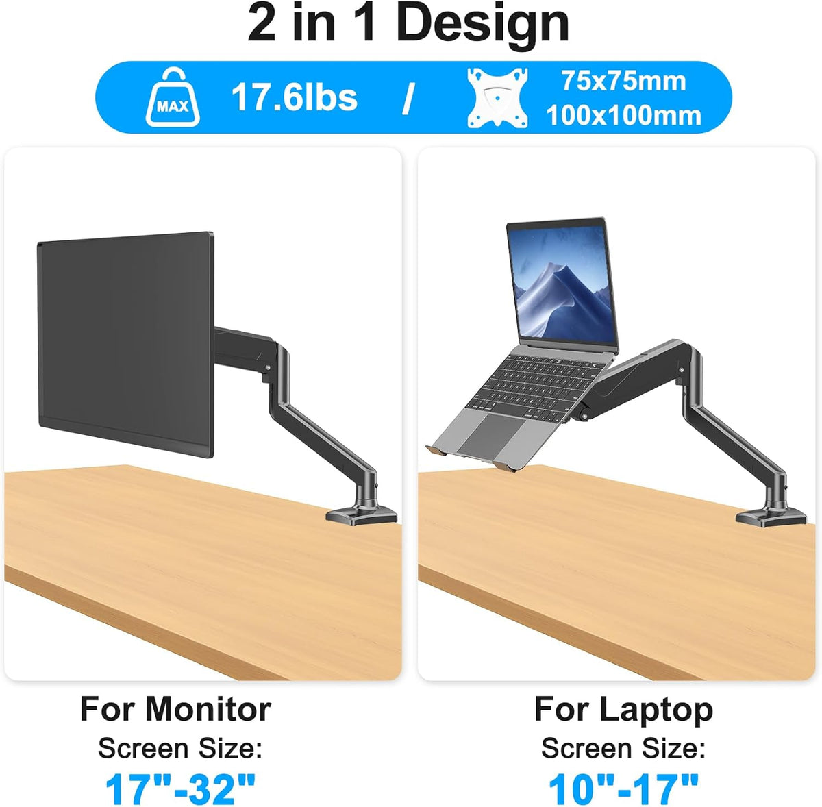 Laptop Stand Desk Mount, 2 in 1 Function, Single Monitor Mount