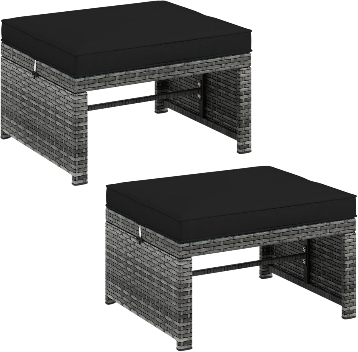 Outdoor Ottomans, Set of 2 PE Rattan Foot Stool w/Soft Zippered Cushions, Multipurpose Patio Ottomans, Outdoor Furniture for Backyard, Additional Seating, Footrest, Side Table (Black)