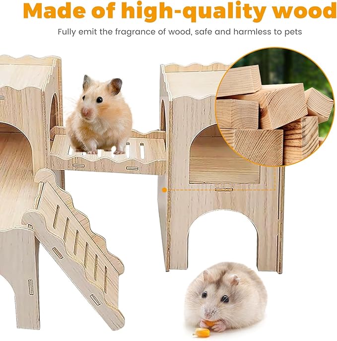 Wooden Dwarf Hamster House, Hamster Tiny House Hideout, Hamster Maze House, Large Balcony Lookout Holes, Easy to Assemble, Detachable Parts, Secure Hideaway, A