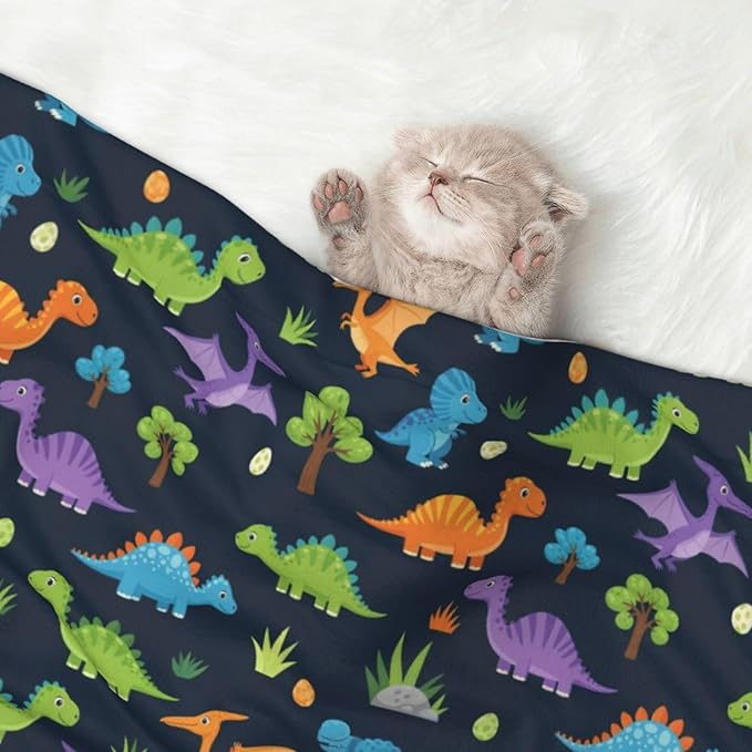 Dog and Cat Blanket in One, Cute Colorful Cartoon Dinosaurs, Double Sided Plush Throw with Raised Dot Pattern on One Side and Flat Velvet on Other for Variety