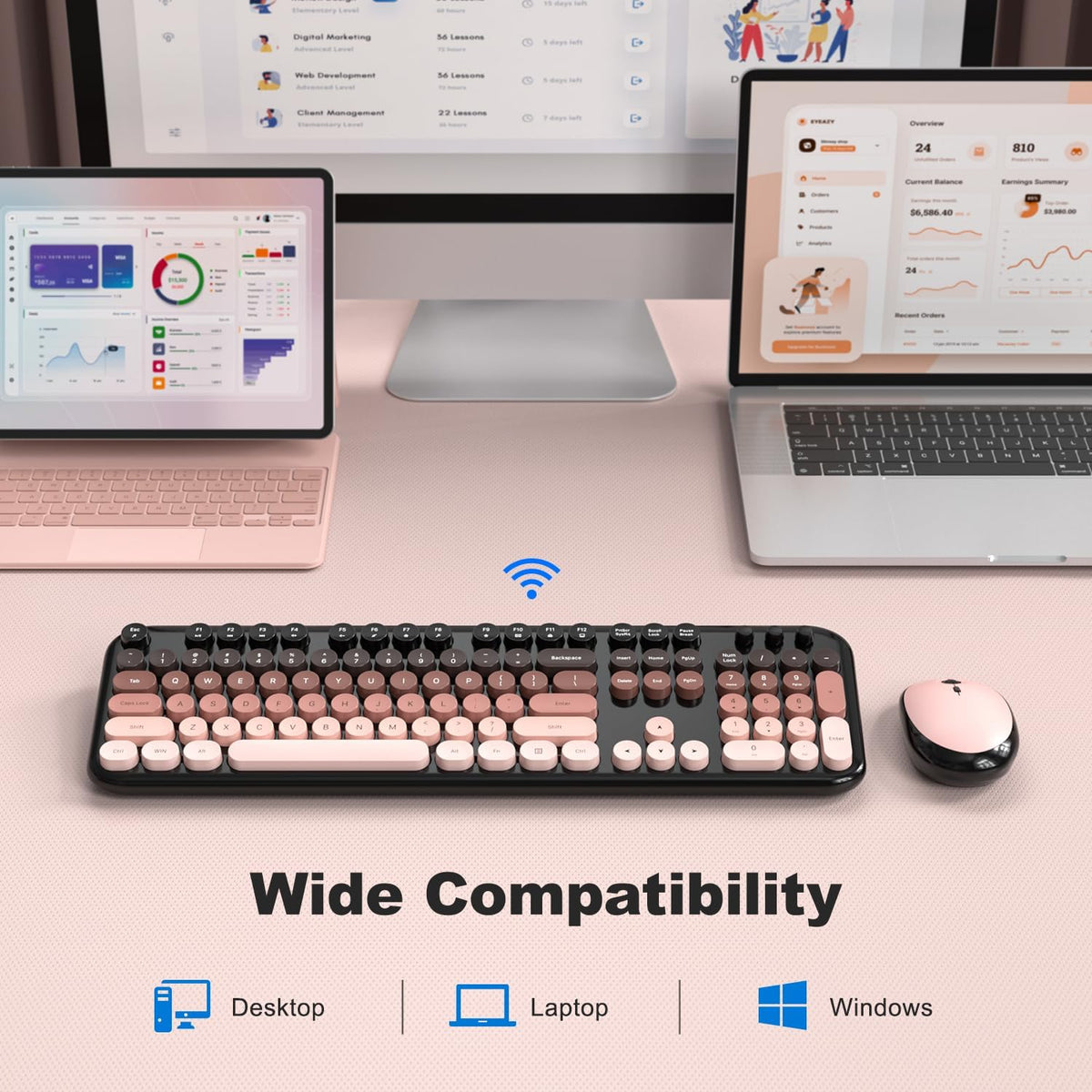 Atelus Wireless Keyboard and Mouse Combo, Typewriter Full Size Retro Keyboard with Number Pad, Ergonomic Design for Windows 7 8 10 11 PC Laptop Desktop, Home and Office Use