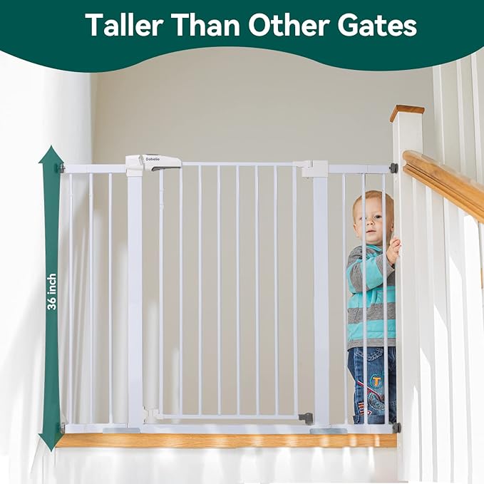 BABELIO 36" Tall Baby Gate, PressGuard P7, 29-48" Auto Close Pressure Mounted Dog Gate for Stairs, Doorways & Hallway, Protector Basics Easy Walk Thru Pet Gate, White