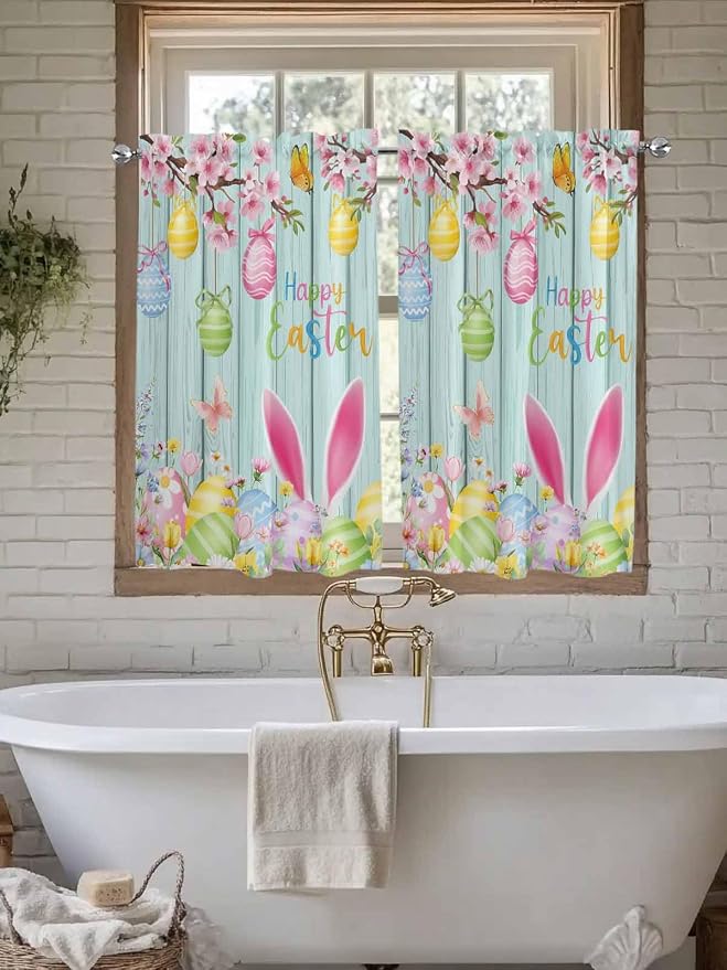 Happy Easter Kitchen Curtains 45 Inches length, Spring Bunny Eggs Flower Teal