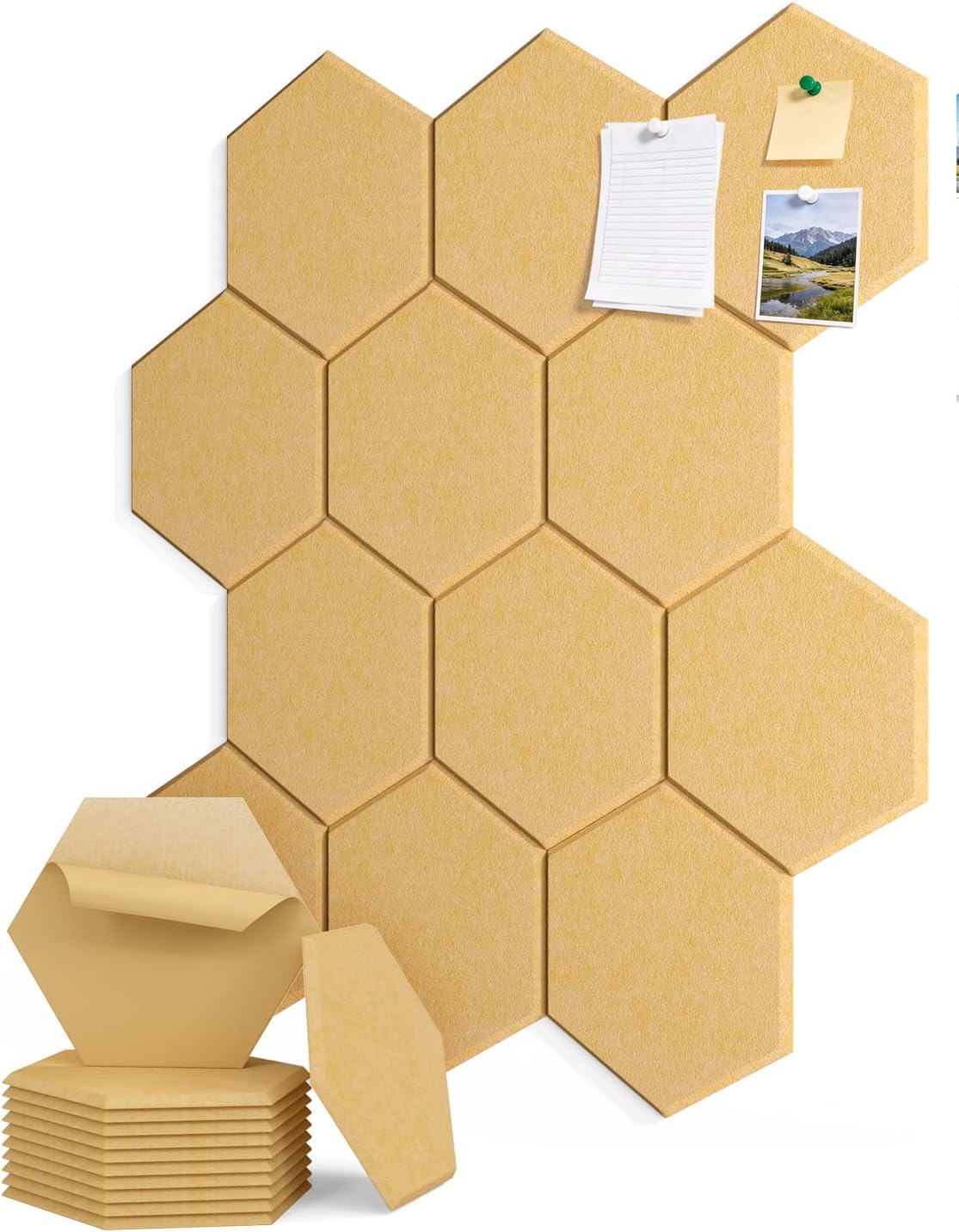 12 Pack Felt Bulletin Boards for Walls Corkboard for Office 12" x 10", Mustard Large Self-Adhesive Hexagon Mustard Display Tiles for Mood Memo Pinboard in Home Bedroom Kitchen School Classroom