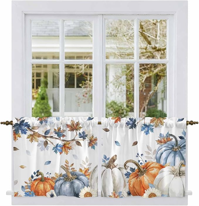Navy Blue Pumpkin Fall Kitchen Tier Curtains 36 Inch Long 2 Panel Set, Rod