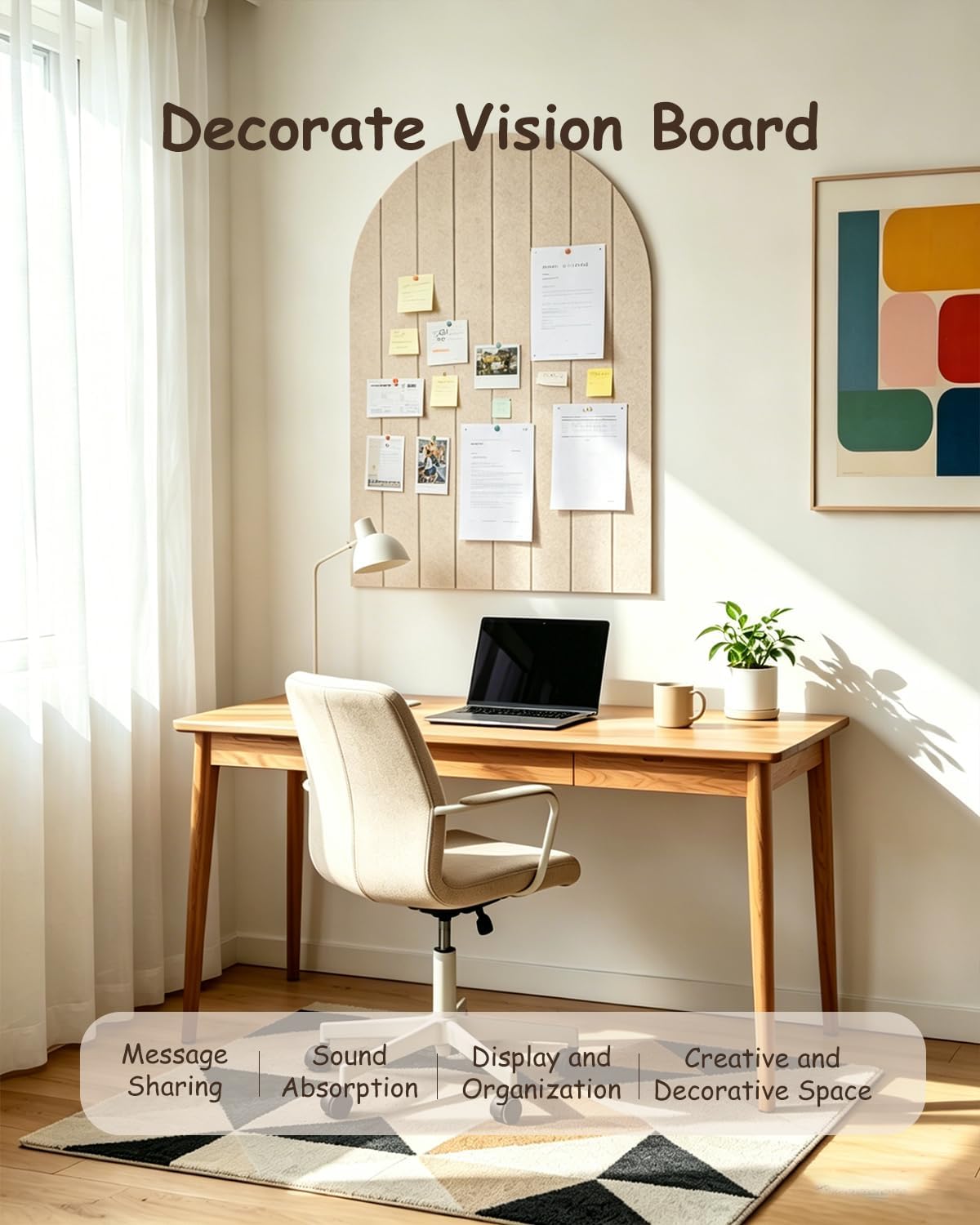 Foldable Bulletin Board 47x24 inches, 0.35" Thick Felt Wall Tiles, Large Cork Board with Adhesive Sticker, Round Edges Wall Panels for Office Bedroom Living Room, Decorative Board (Beige)