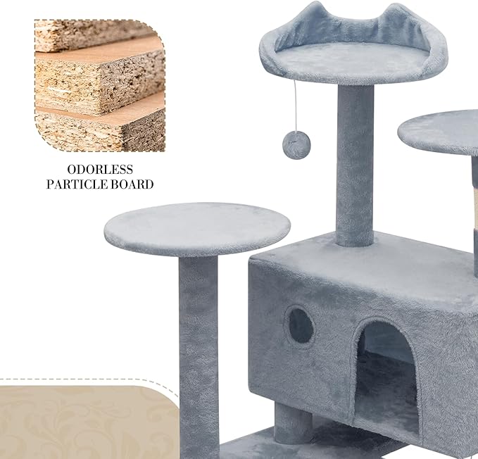 Athena Collection 70 Inch Cat Tree for Indoor Cats, Multi-Level Activity Center With 2 Condos, Scratching Post & Dangling Ball, Tall Climbing Tower, Light Gray