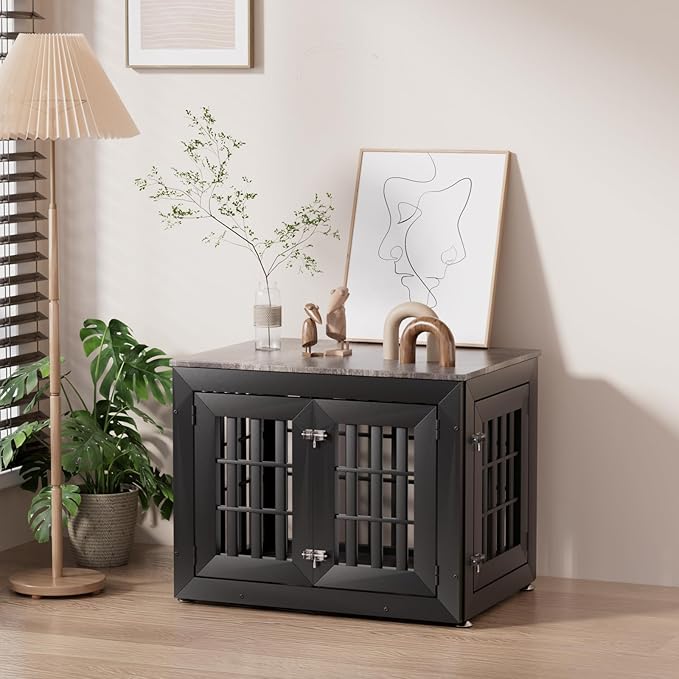 32" Heavy Duty Dog Crate Furniture for Small,Medium and Large Dogs,Rustic Wooden Dog Cage Kennel Indoor Furniture with Waterproof Top,Decorative Pet House Side End Table (Black & Grey)