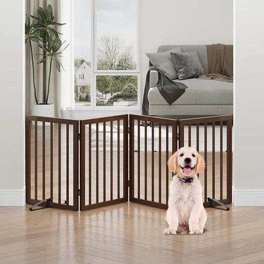 Dog Gates for Doorways, Freestanding Dog Gate Indoor, Foldable Pet Gates for Doorways Bedroom, Puppy Gate with Metal Support Feet, Room Divider 4 Panels (Dark Walnut)