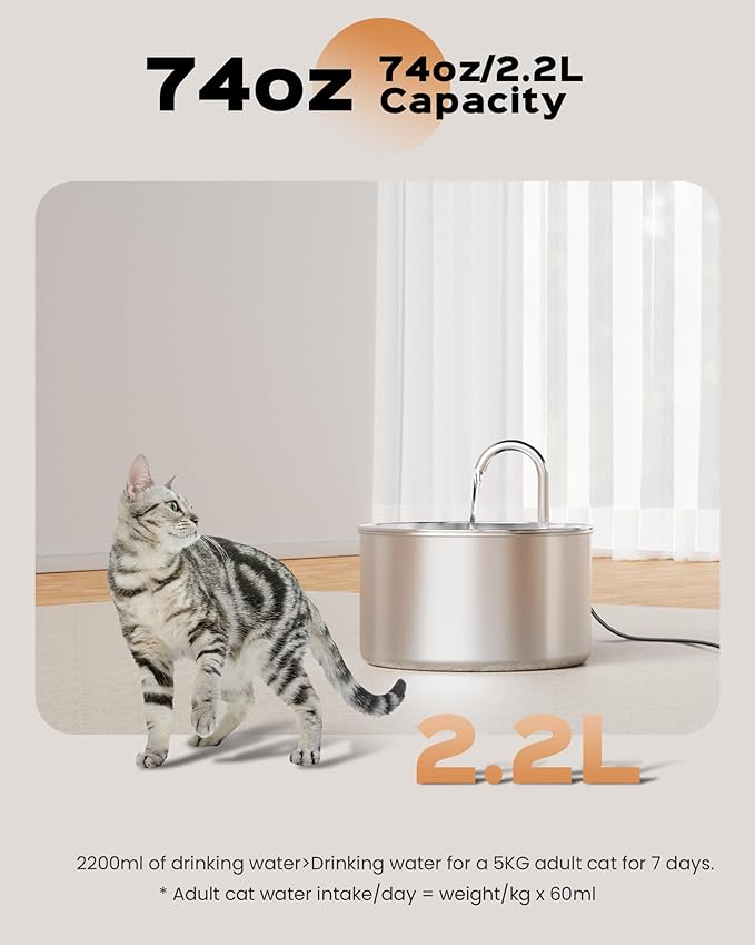 AOOGITF Cat Water Fountain + 6 Filters + 3 Sponges, 304 Stainless Steel Pet Water Fountain, 24 Hours Keep The Water Clean, 74oz Capacity, Ultra-Quiet, No Sputter, Compact, Easy Cleaning