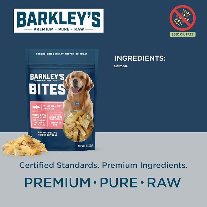 Barkley’s Bag Salmon Bites, Freeze Dried Dog Treats and Food Topper, Made with Wild-Caught Salmon, Bite-Sized Whole Pieces for Training Rewards, for All Dog Breeds, Ages & Sizes, 4 Oz Bag (1 Pack)