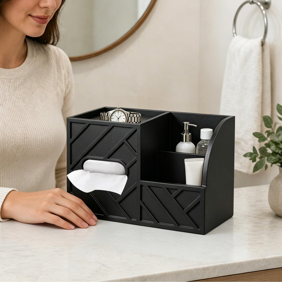 Aesthetic Tissue Box Cover,Remote Control Tissue Holder with Storage Tray