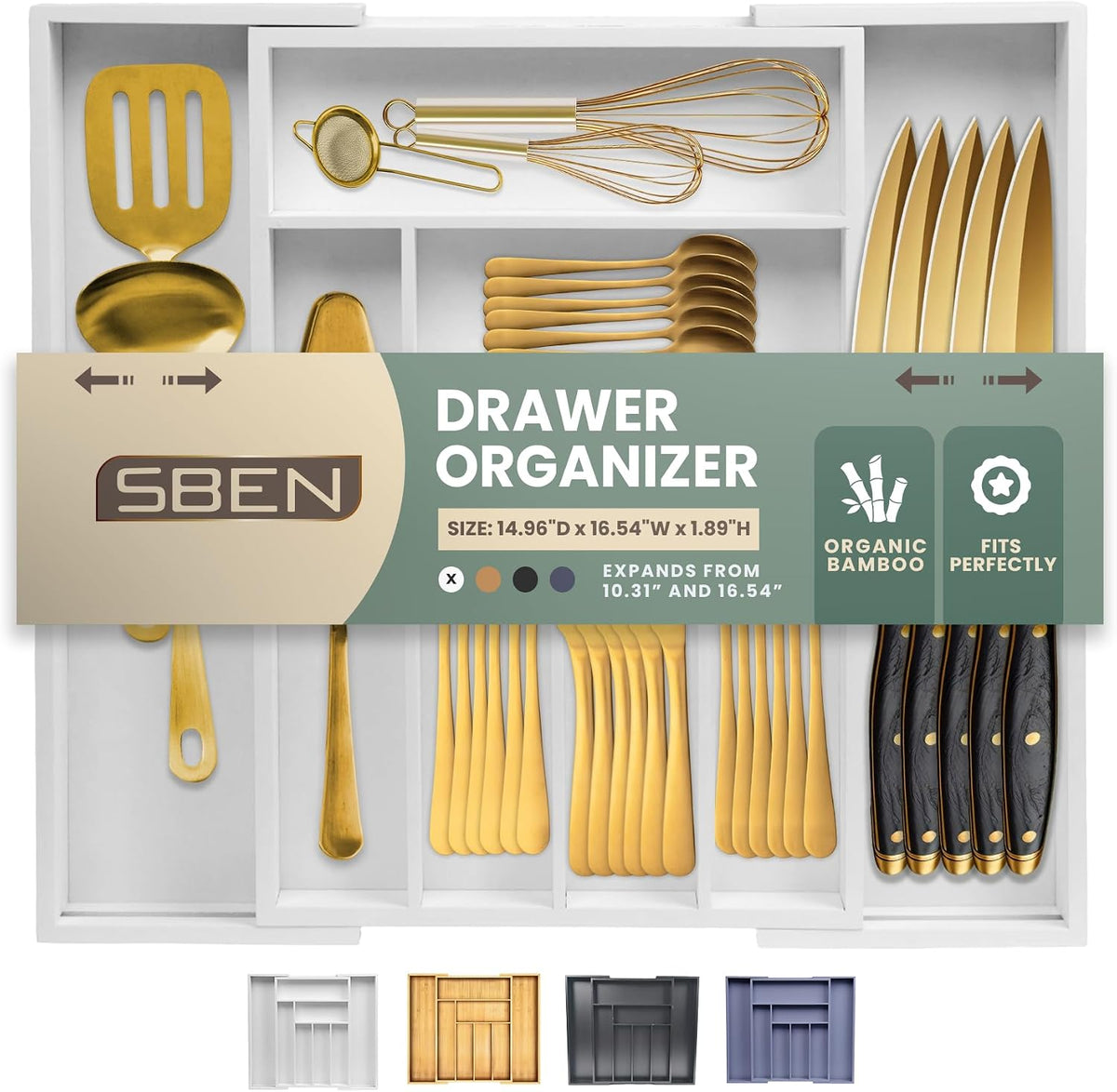 Sben Bamboo Cutlery Drawer Organizer, White, Medium