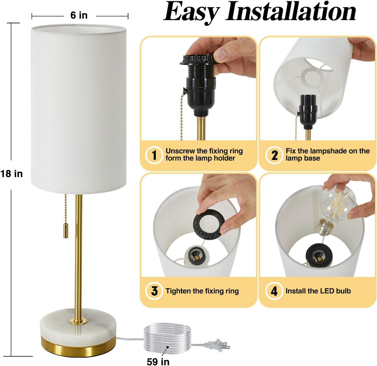Luvkczc 18" Desk Lamp & Table Lamp Set of 2, Bedside Lamps with Marble Base