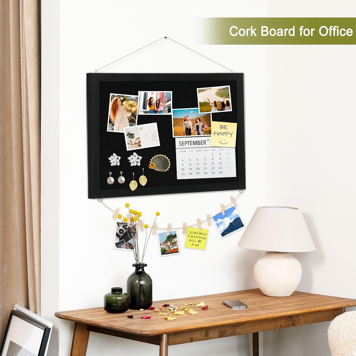 Double-Sided Wood Framed Cork Board with Linen, 24" x 18"（Black）