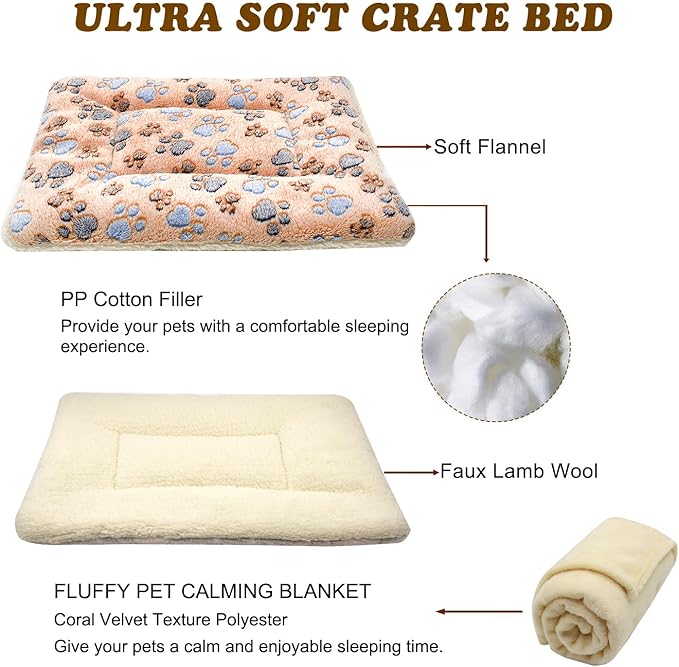 Cat Dog Bed Mat & Blanket, Reversible Pets Crate Pad Bed Mat and Ultra Soft Warm Fleece Calming Blanket for Small Puppy Kitty, Washable