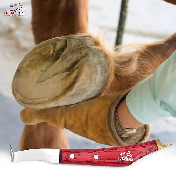 Equine Care Hoof Knife - J2 Japanese Steel Blade with Hoof Pick, Brass Topper Sheet Handle - Farrier Tool for Horse & Cow Hoof Care, Shoeing, Trimming, and Supplies. (Right-Handed)