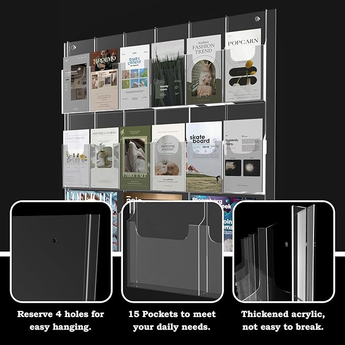 Acrylic Brochure Pamphlet Holder, 3 Magazine Holders and 12 Pamphlet Holders, Clear Brochure Display Holder Wall Mount, Trifold Flyer Rack, Literature Storage Rack for Home, Offices, Waiting Room