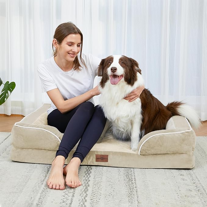 Comfort Expression Orthopedic Dog Bed for Large Dogs 36x27 Inch, Waterproof Supportive Egg Crate Foam Large Pet Bed with Removable Bolsters, Dog Couch with Washable Cover & Non-Slip Bottom, Beige