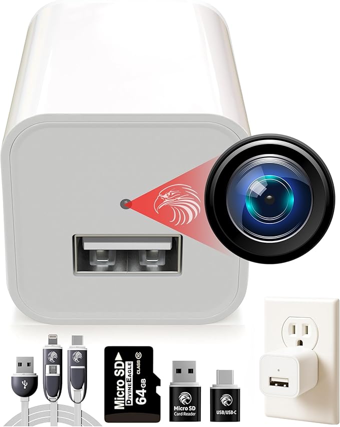 DIVINEEAGLE 1080p Dome Cam, Motion Detection, microSD Slot, Easy Setup, App-Free, No Live View-Data Protected, Video-Only - Plug-in Premium Reliable Pet Camera for Pet Nanny Use, with 64GB Card