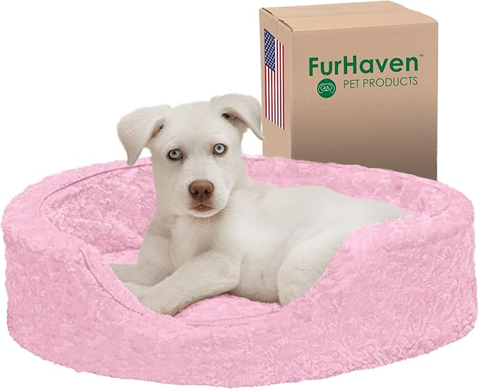 Furhaven Dog Bed for Small Dogs w/ Removable Washable Cover & Pillow Cushion Insert, For Dogs Up to 12 lbs - Ultra Plush Faux Fur Oval Lounger - Pink, Small