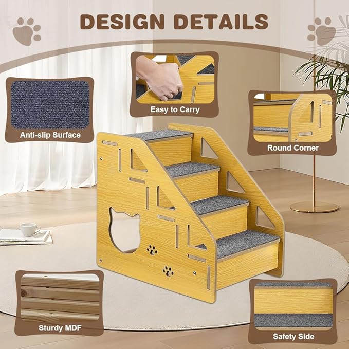4-Step Wooden Pet Stairs Nonslip Carpeted Indoor Pet Steps Wooden Pet Ladder Pet Furniture for Dogs and Cats for Bed
