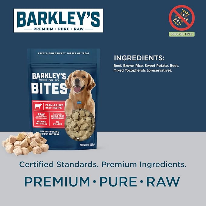 Barkley’s Bag Beef Bites, Freeze Dried Dog Treats & Food Topper, Made w/Beef, Barley, and Quinoa, Small Bite-Sized Pieces for Training Rewards, for All Dog Breeds, Ages & Sizes, 4 Oz Bag (3 Pack)