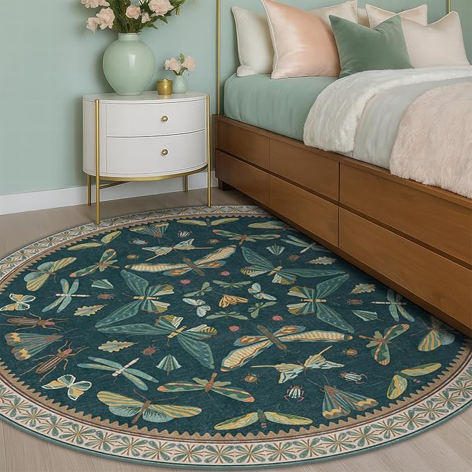 Washable Teal Round Rug 6ft, Non Slip Boho Carpet