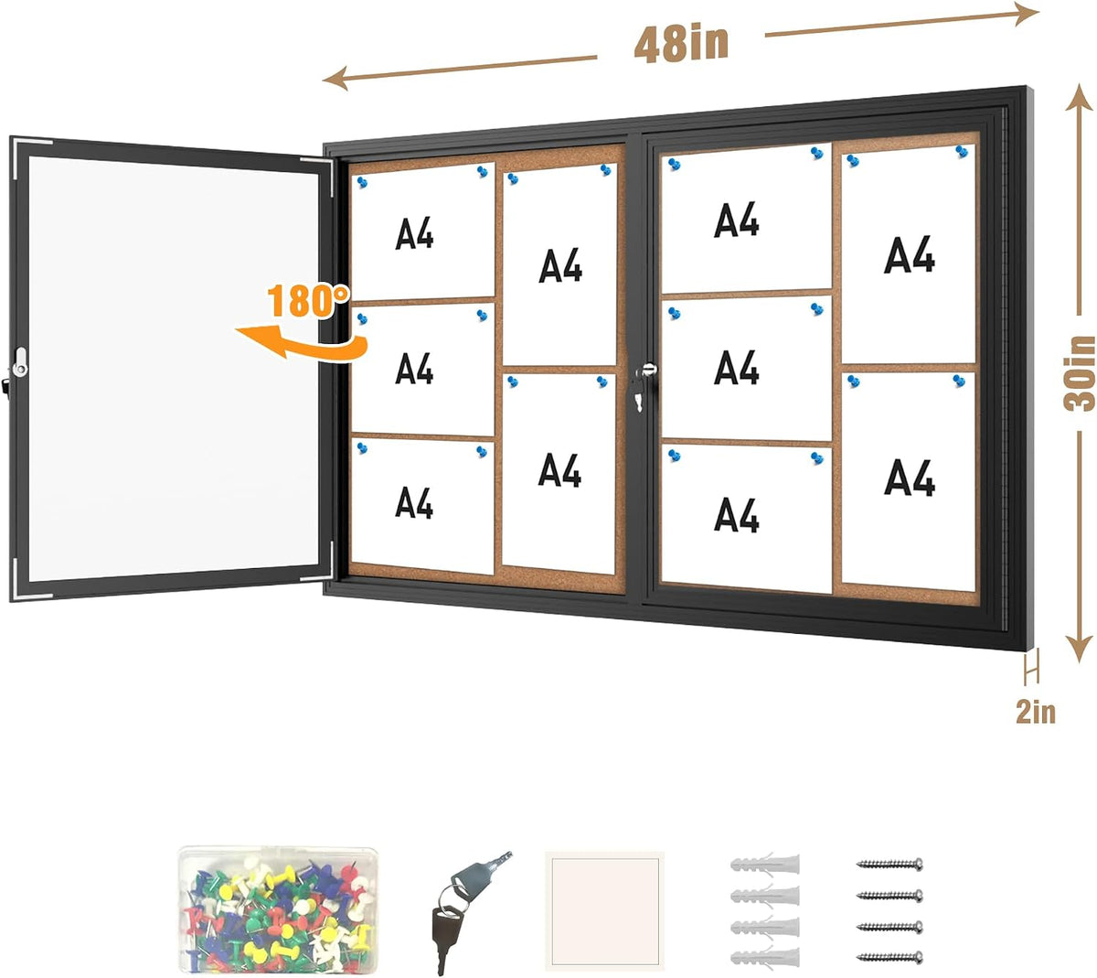 Mifuro 48"x30" Enclosed Bulletin Board, Outdoor Lockable Weather-Resistant Aluminum Cork Noticeboard for School & Office, Black Frame w/Cork