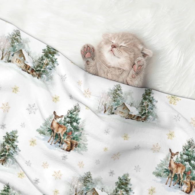 Cabin Blanket for Dogs Cats - Winter Throw Blanket 40x30 Moose Snowflake Pet Couch Blankets for Puppy