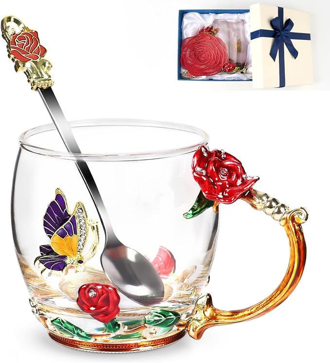Flower Tea Cup, Butterfly Rose Clear Glass Fancy Coffee Mug