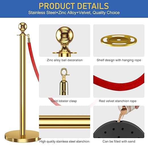 4 PCS Stanchions and Velvet Ropes, Gold Posts 5 Feet Crowd Control Barriers, Stainless Steel Poles for Red Carpet Themed Party Decoration (Golden)