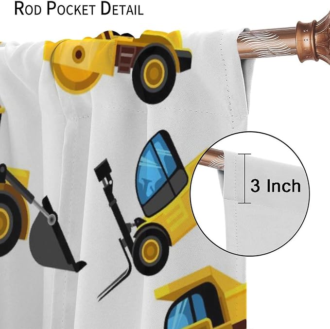 Kids Construction Equipment Window Curtains, Excavator Tractor Tow Truck Rod