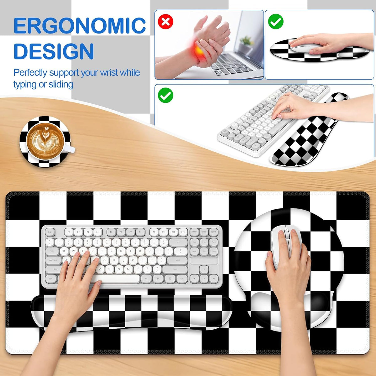 AIMSA Checkered Keyboard Mouse Pad Wrist Rest Set, Black XXL Large Mouse Pad for Desk Cover, Anti-Slip Big Ergonomic Mousepad Wrist Support for Keyboard and Mouse