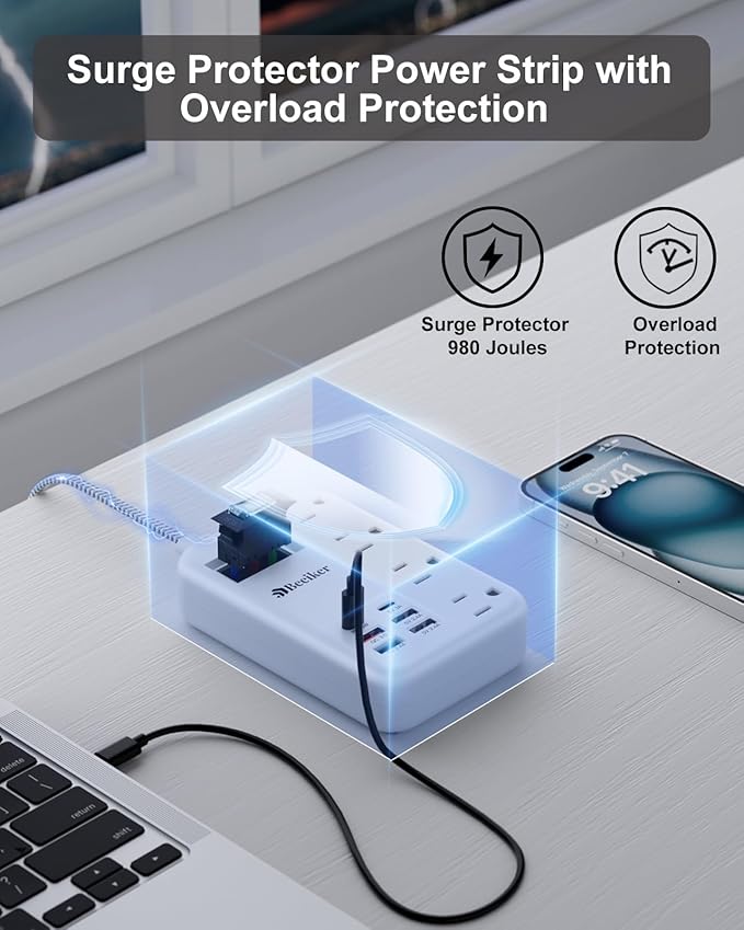 45W USB C Surge Protector Power Strip, Travel Power Strip with 6 USB(2 USB C) Ports and 4 Outlets,5Ft Flat Plug Braided Extension Cord, PD 45W Fast Charging for MacBook Laptops iPad Pro iPhone Samsung