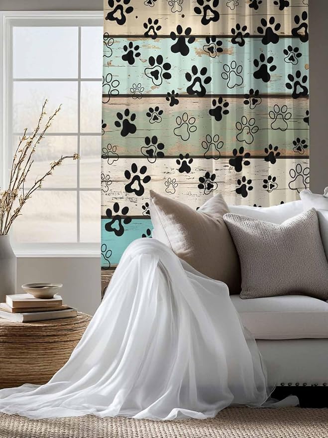 Sheer Curtains 72 Inches Long, Sage Green Brown Paw Prints Semi Sheer Curtains