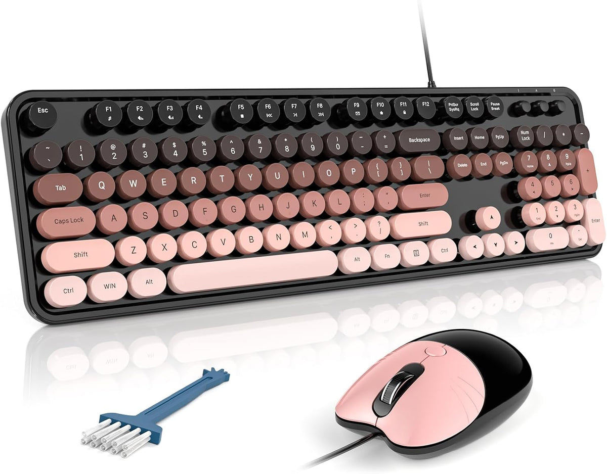 MOFII Wired Keyboard and Mouse Combo, Full-Sized Retro Typewriter Computer Keyboards with Cute Cat Mouse for Windows PC Laptop