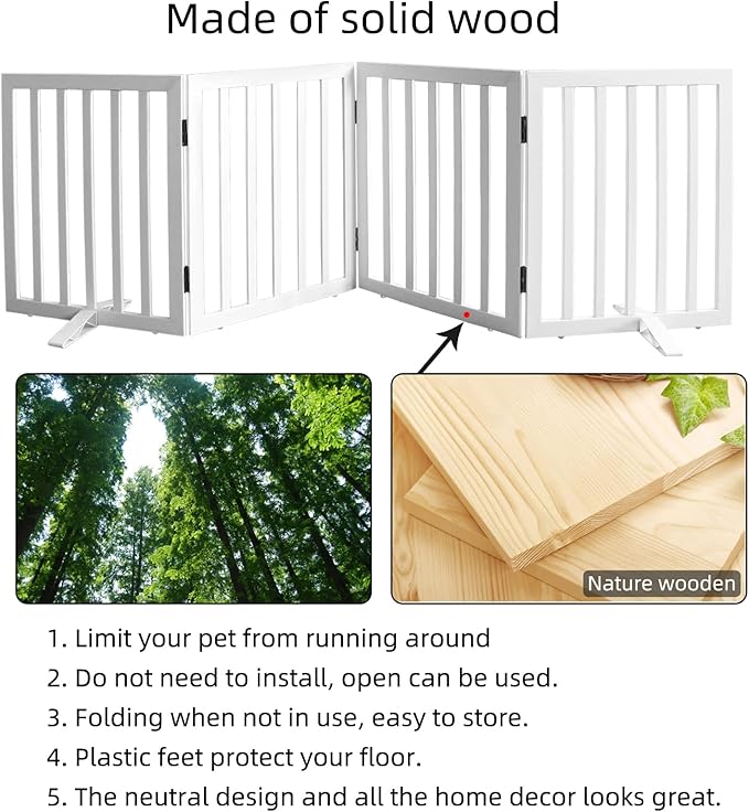 Dog Gate Indoor, Freestanding Dog Fence for The House, Doorways, Hallways,or Stairs,Pet Gate Foldable Wooden,Expandable 24" Height 4 Panels,White