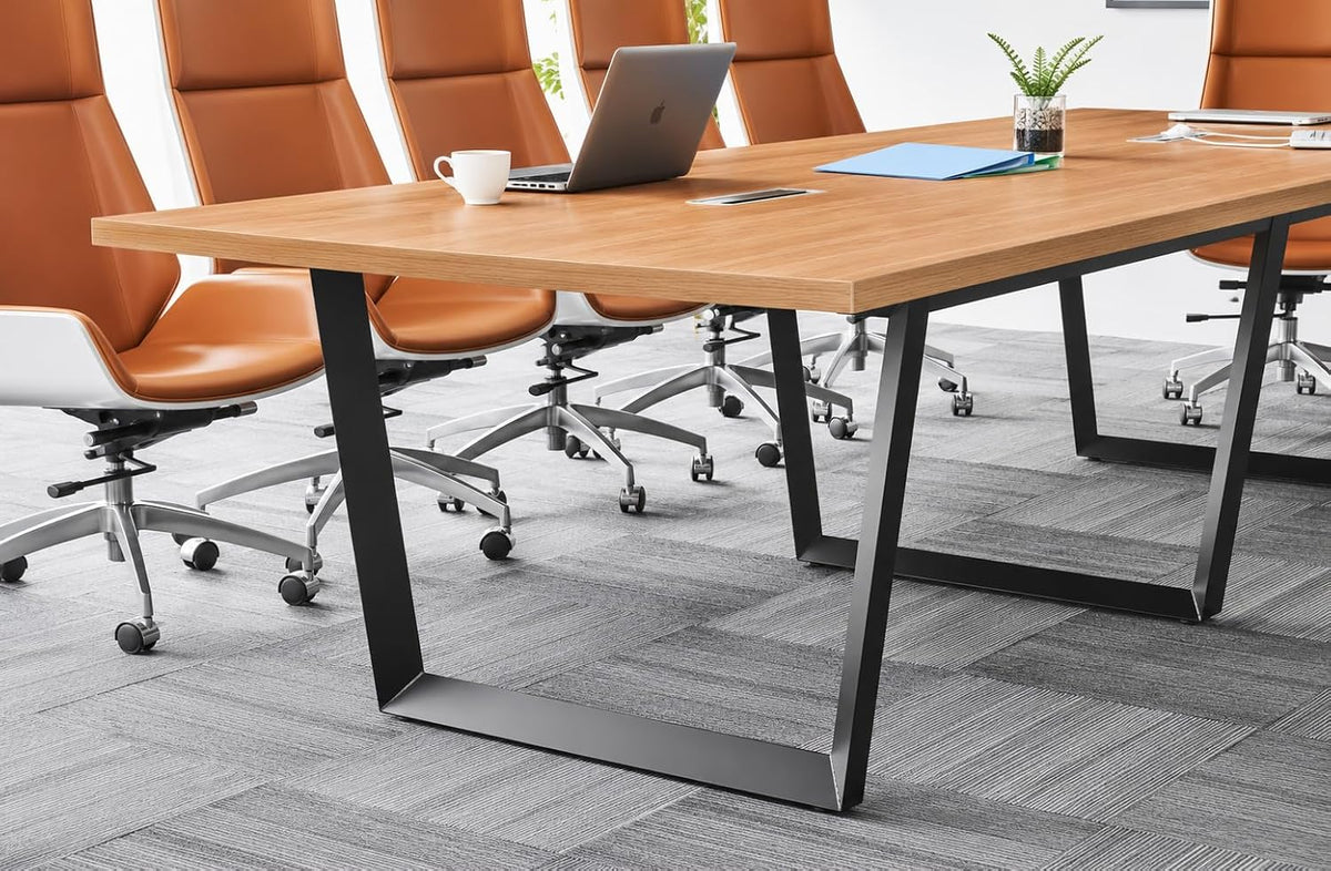 12FT Conference Table with Cable Management Grommets — Modern Rectangle Office Meeting/Boardroom Table with Melamine Wood Top and Metal Frame (Natural)