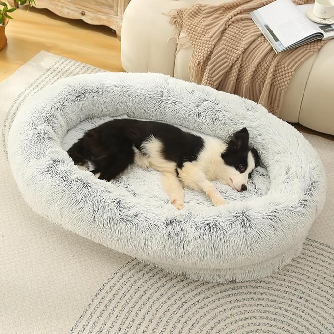 Glow Pups Calming Dog Bed with Memory Foam Nesting Bolster, Ultra-Soft Faux Fur, Removable Fur Cover, Non-Slip Base, Machine Washable, Suitable for All Dog Breeds, Light Grey (29.5" X 21.7" X 7")