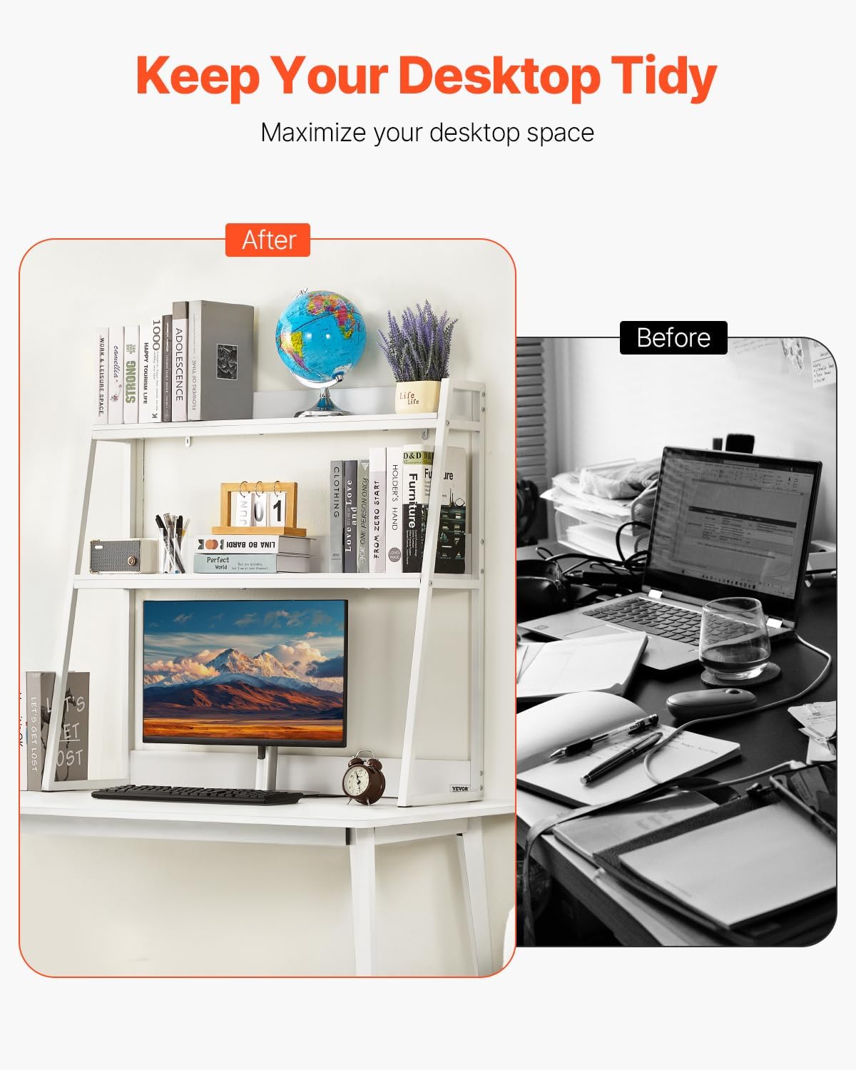 VEVOR Desktop Bookshelf, 2-Tier Desktop Storage Organizer, 37.4" x 12.6" x 35.4" Office Desk Storage Rack Display Shelf, Desktop Bookshelf Hutch with Anti-Slip Feet Pads for Office, Home & Dorm, White